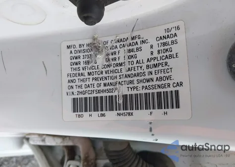 2017 Honda Civic Lx z USA, uszkodzony, nr VIN 2HGFC2F5XHH502751